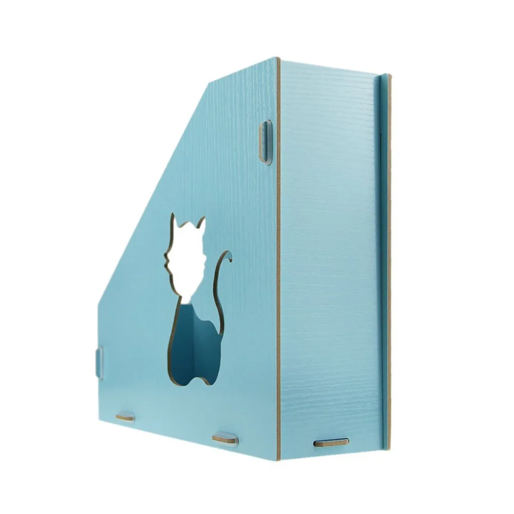 Cute Cat Hollow Out DIY Wooden Magazine Holder Desktop Books Organizer Office File Collector (Light Blue)
