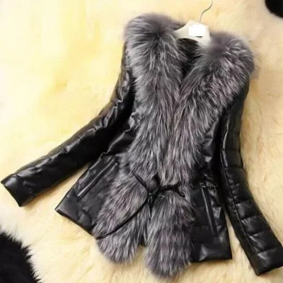 #*Cheap Women #039;s Winter Clothing Big lmitation long Fur Collar Coat For Female Thicken Warm Jacket PU Slim Fit Outwear Black long Coat