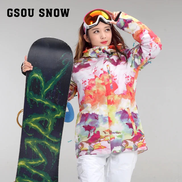 Women's white with printing ski jacket female windproof waterproof snow skiing outerwear riding climbing padded jacket