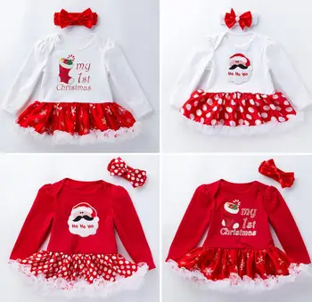 

2PCs per Set Polka Dots Red White Green Baby Girls Xmas Tutu Dress Infant Girl 1st 2nd Christmas Outfit Bow Headband 0-24Months
