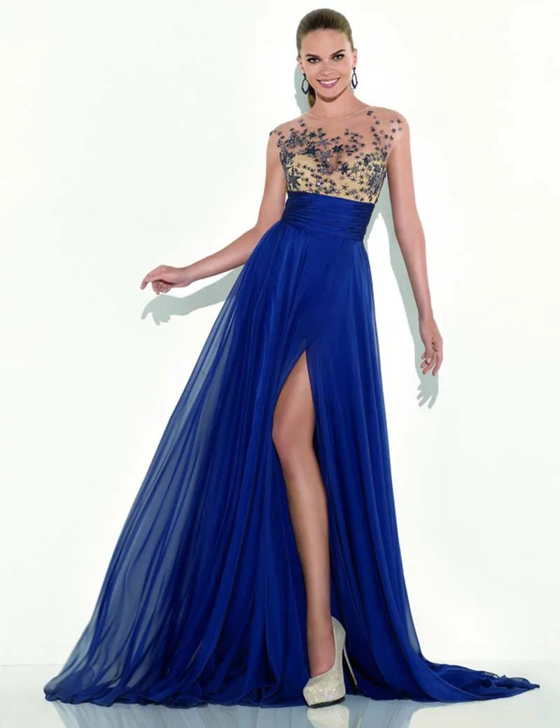 Royal Blue Sheer Beads Crystal Prom Dress Plus Size 2017 Fast Shipping