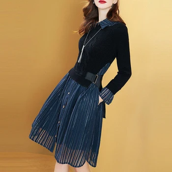

Spring Fall Fashion Women Ladies Patchwork Long Sleeve Striped Knitted Dress , Female Woman Vintage Slim Long Knitting Dresses