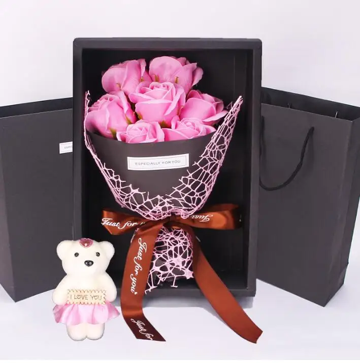 Искусственные цветы Букет Семь мыло розы цветы с игрушкой медведь подарок на день Святого Валентина - Цвет: pink