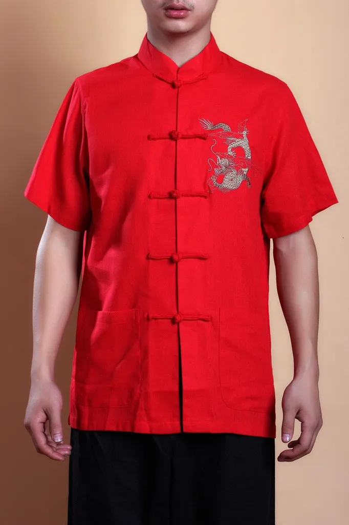 Черная Китайская традиционная Мужская льняная хлопковая рубашка Кунг-фу Рубашка Вышивка Дракон Топ s m andarin воротник s m L XL XXL XXXL - Цвет: Red