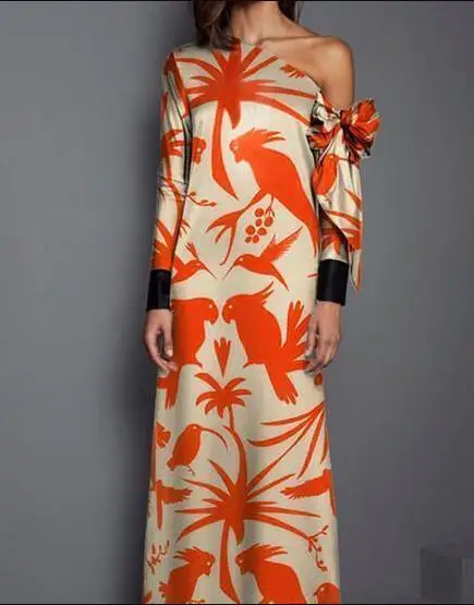 

Plus Size Elegant Women Fashion Long Sleeve Print Maxi Party Dress Sexy One Shoulder Floor Length Club Bohemian Beach Vestidos