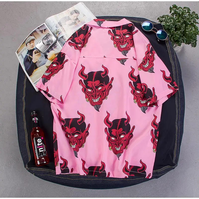 Мужская гавайская рубашка с принтом сатаны, короткий рукав, отложной воротник, Harajuku, мужские свободные рубашки, лето, мужская пляжная одежда, топы, одежда
