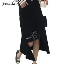 Focal20 уличная Письмо Печать Нерегулярные рваные Для женщин юбка Ленточки Высокая Талия Разделение до середины икры Длина джинсовая юбка с кнопкой