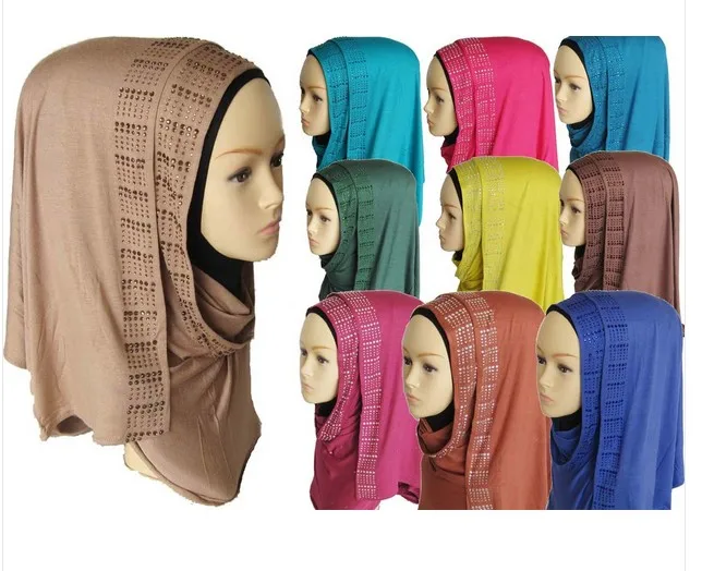 

(12 pieces/lot) jersey cotton with rhinestones muslim long scarf islamic hijab scarf assorted colors QK007