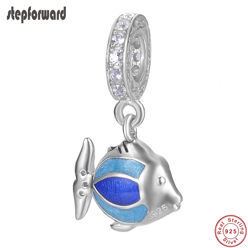 

Noble Enamel Blue Fish Design 100% 925 Sterling Silver Fish Hanging Charm For Original Bracelets And Necklace