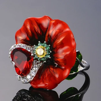 

New Flower Rings For Women Party Gift 925 sterling silver Handmade Enamel Red Rose Flower Ring Fashion Wedding Jewelry