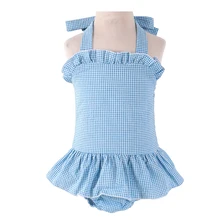 MUDBALA/купальный костюм для маленьких девочек; 100 хлопок; цельный купальник в клетку с рюшами; без рукавов