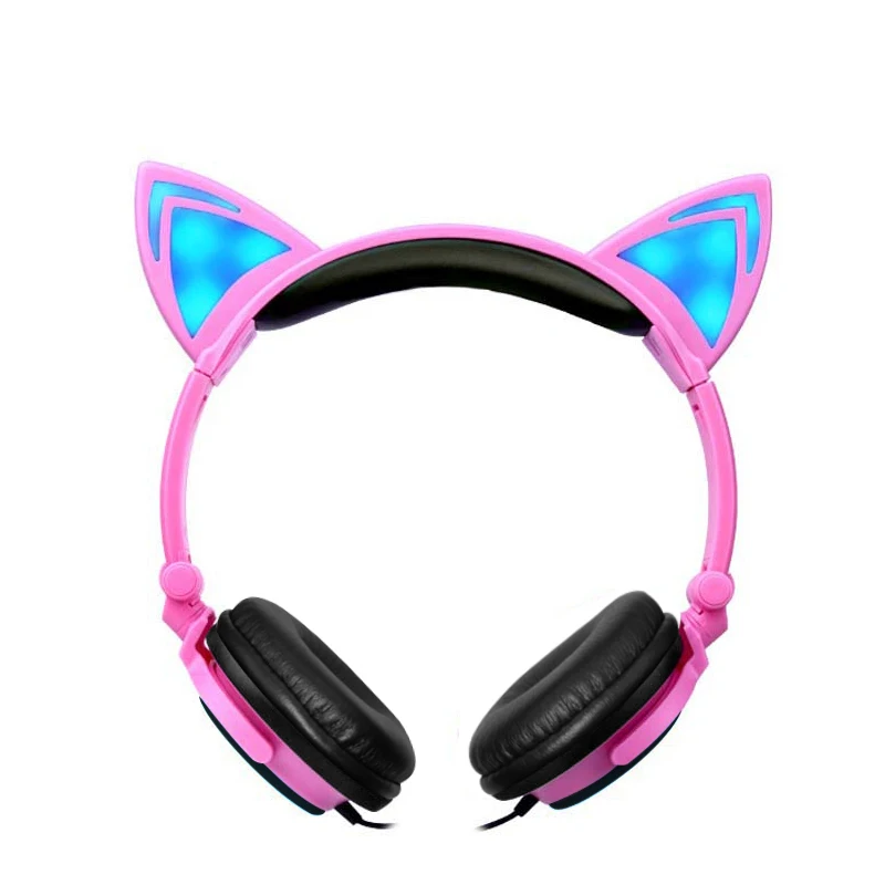 Foldable Cat kids Wired Headphone With LED Light Headset Gril Music Helmet Daughter Computer Laptop Smartphone Glowing Earphone