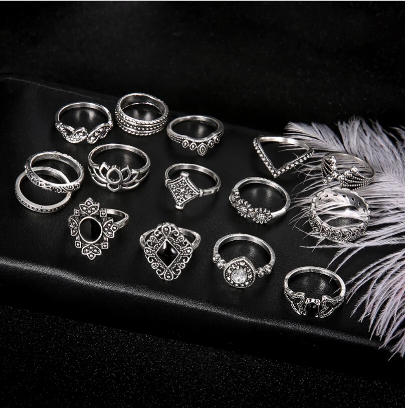 

15 Pcs/set Silver Midi Finger Ring Gifts for Women Set Vintage Punk Boho Knuckle Rings Jewelry Love Ring Round Channel Setting
