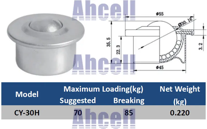 JINLI-CASE Wheels CY-30H 304 Stainless Steel Ball and Shell Stud Mount Ball Transfer Unit Load Capacity 70-85kgs Conveyor Ball Bearing Roller Ball Size : CY 30H