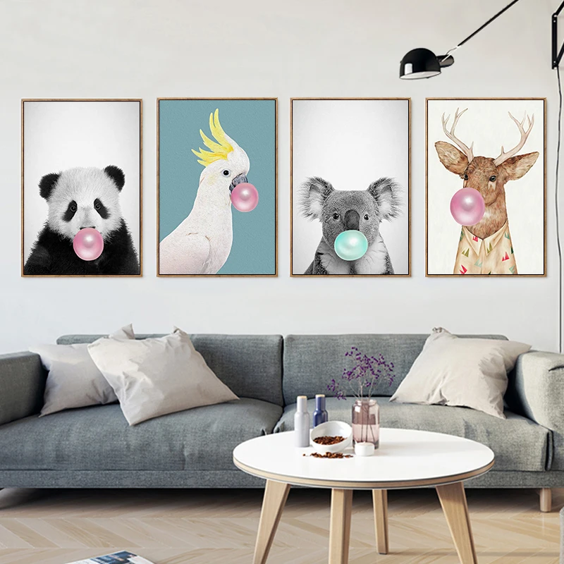 

Modern Nordic Cute Bubble Gum Animal Series Children's Room Canvas Painting Art Print Poster Picture Wall Decoration Painting
