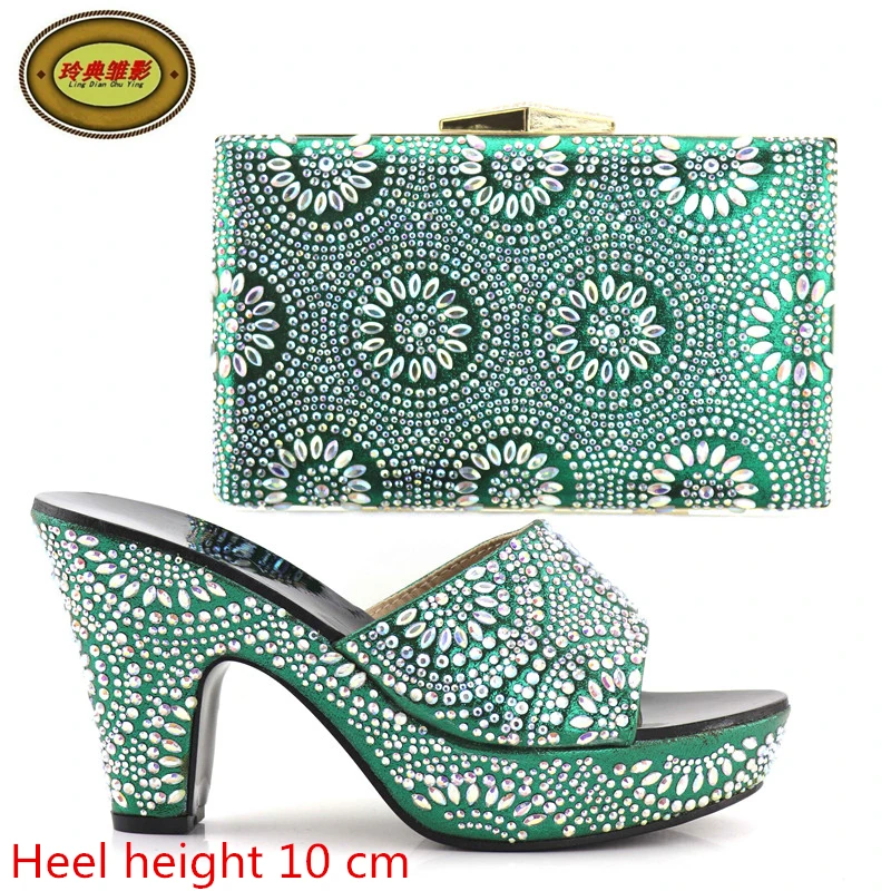 

A098 Green Latest Design African Woman High Heels And Bag With Stone Hot Sale Italian Shoes And Bag Wedding Wholesale