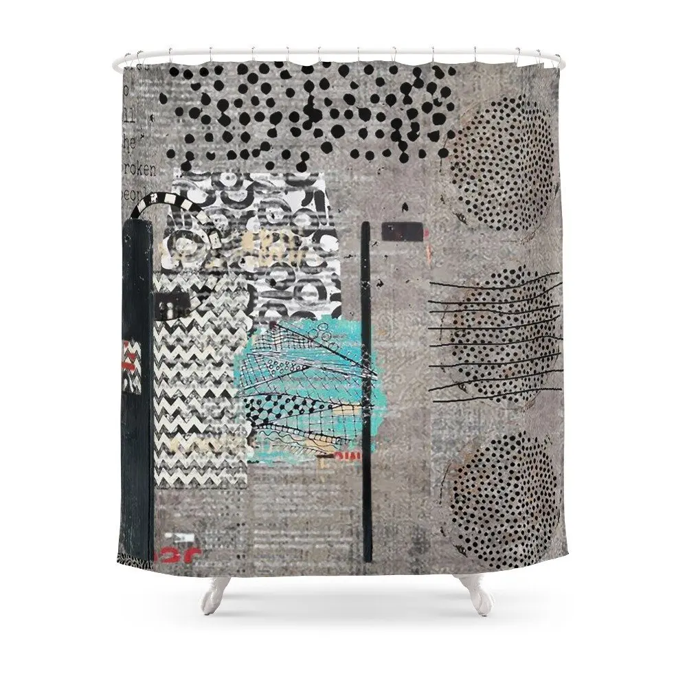 Grey Teal Abstract Art Shower Curtain Set Waterproof Polyester Fabric