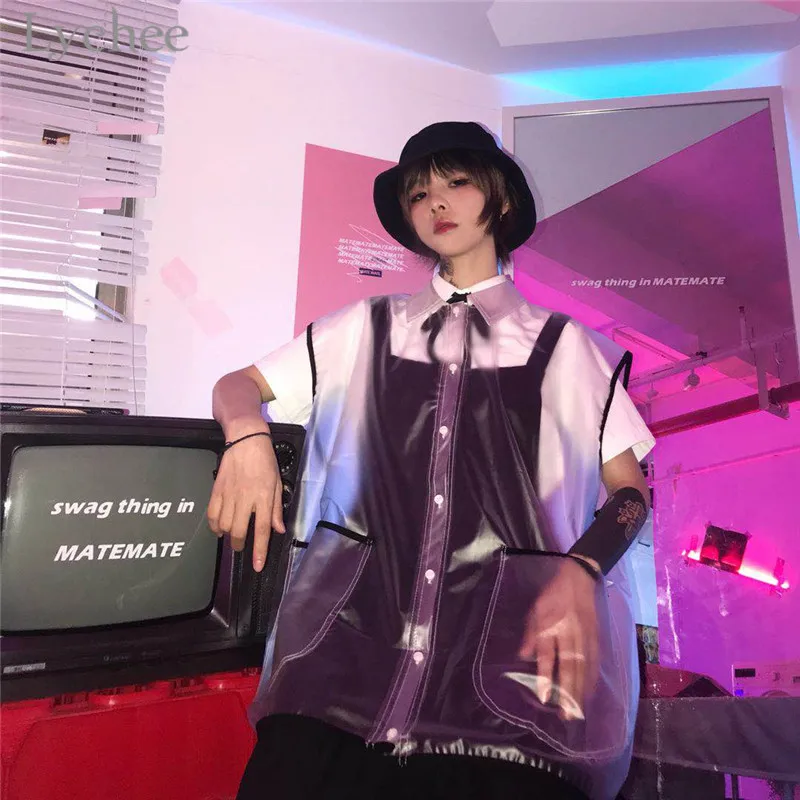 Lychee Harajuku ПВХ прозрачная матовая поверхность Женские рубашки Блузка Прозрачная