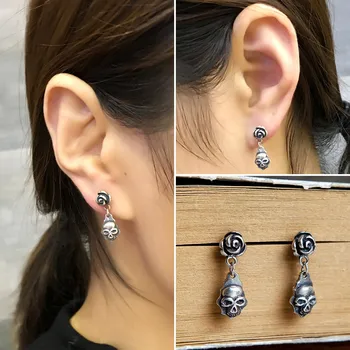 

New 100% Genuine 925 Sterling Silver Retro Design Skull Drop Earrings Antique Silver Color Flower Rose Earrings Womens Jewelry