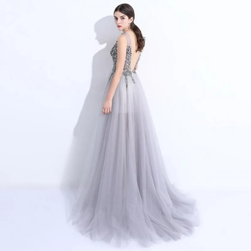 Beaded-Pearls-Pageant-Gown-Sexy-V-Neck-Front-Slit-Gray-Tulle-Long-Formal-Evening-Dresses-robe