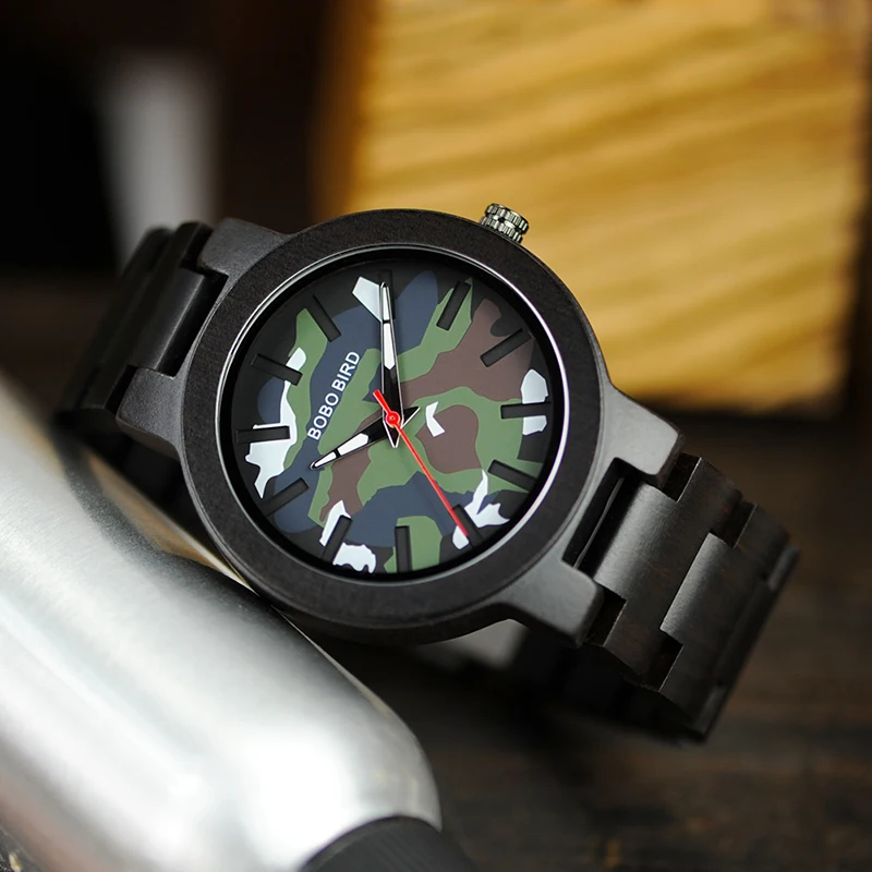 BOBO BIRD Fashion Army Green Dial Men Watch 44mm Black Wooden Quartz Watches Christmas Family Gift for boys BOBO BIRD Fashion Army Green Dial Men Watch 44mm Black Wooden Quartz Watches Christmas Family Gift for boys