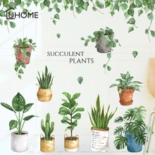 Green Leaf Bonsai Potted Flower Plants Wall Stickers Decorative Sticker Home Decor Kitchen Window Living Room Decor Decal