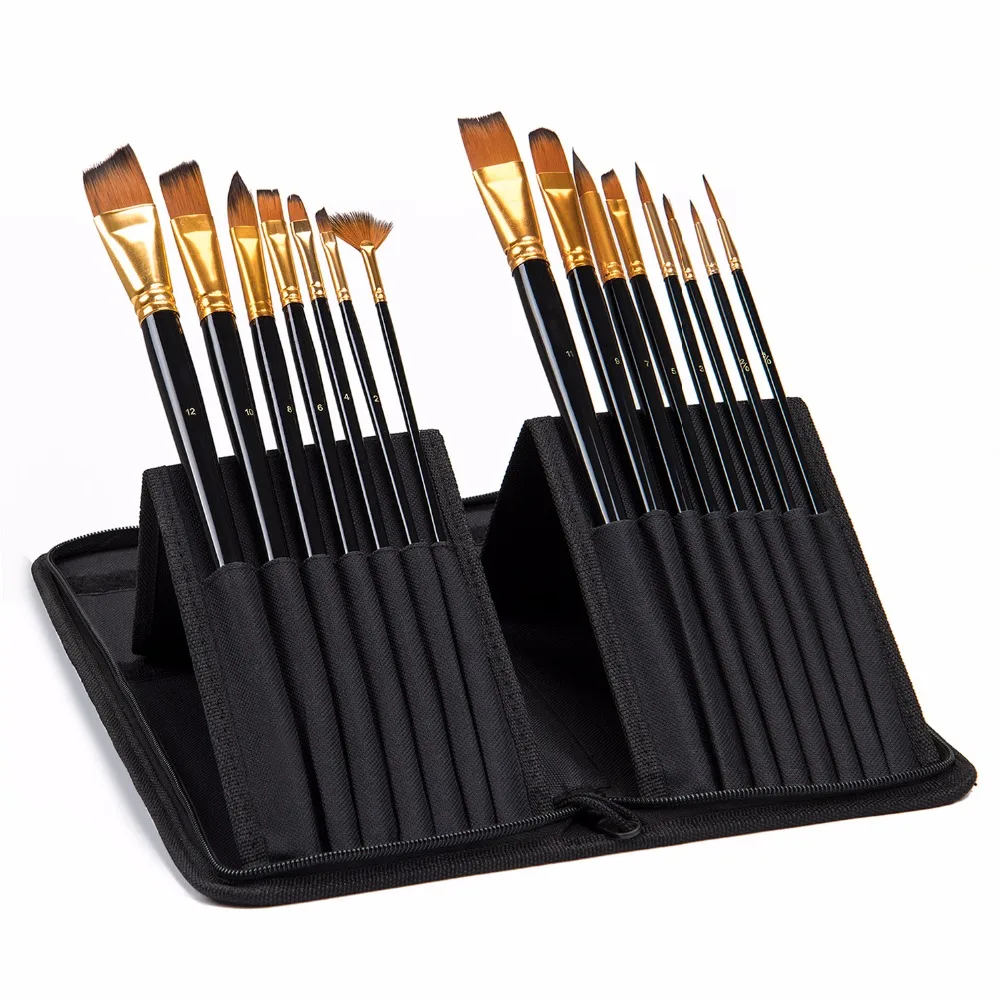 Beste 15 stks Kwast Set Met Canvas Tas voor Olie Acryl Aquarel Lange Hold Nylon Haar Kwast Art materiaal Levert