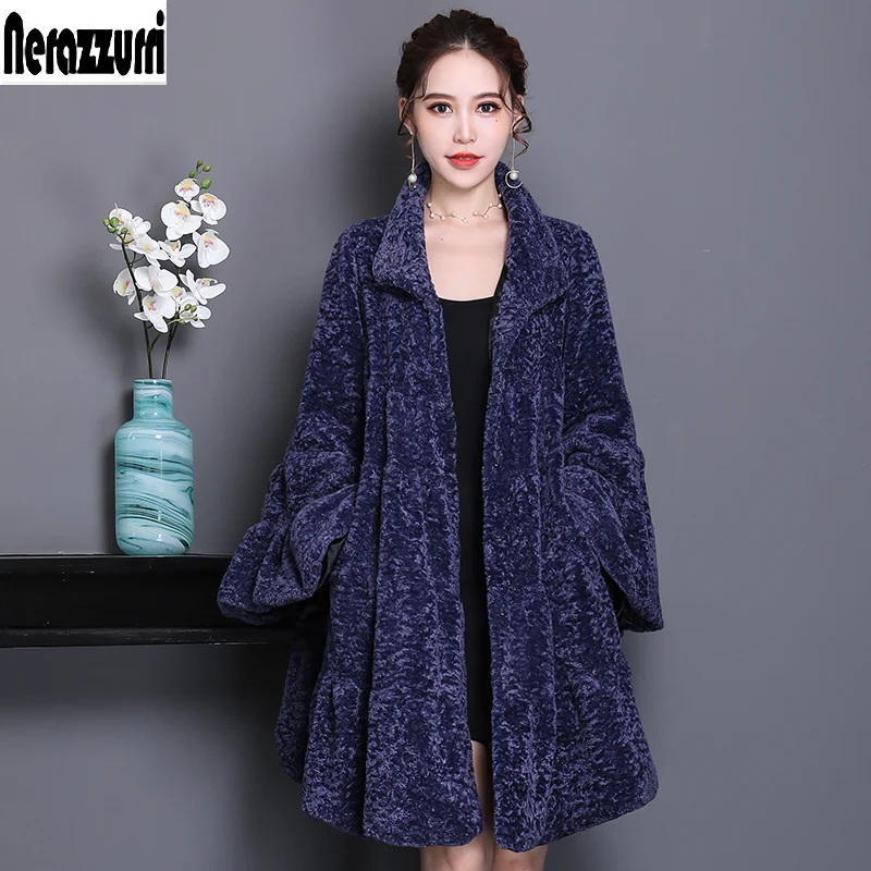 

Nerazzurri Luxury runway faux fur coat woman full shirt flare sleeve fulffy faux shearling jacket plus size outwear 5xl 6xl 7xl
