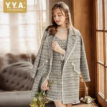 Модное женское тонкое твидовое пальто зимнее длинное женское пальто прямое женский офисный жакет с карманами двубортная верхняя одежда женская