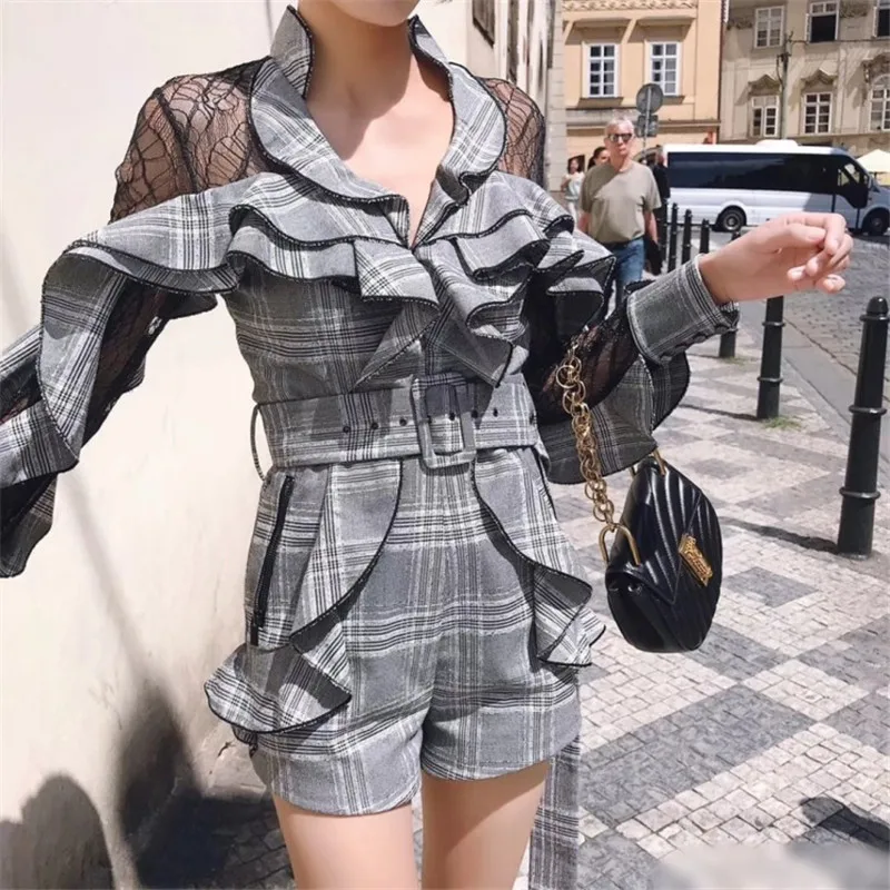 

2018 new arrive high quality plaid playsuits full sleeve ruffles women jumpsuits black lace