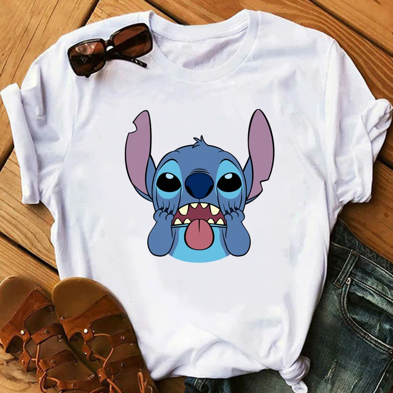 Женская футболка LILO STITCH, летние белые милые футболки harajuku, милая Повседневная футболка с рисунком, милые обтягивающие повседневные топы для девочек - Цвет: W525101936