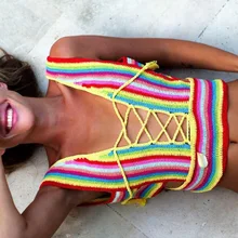 Handmade Crochet crop rainbow colorful top Women summer beach Bikini cover up festival clothing