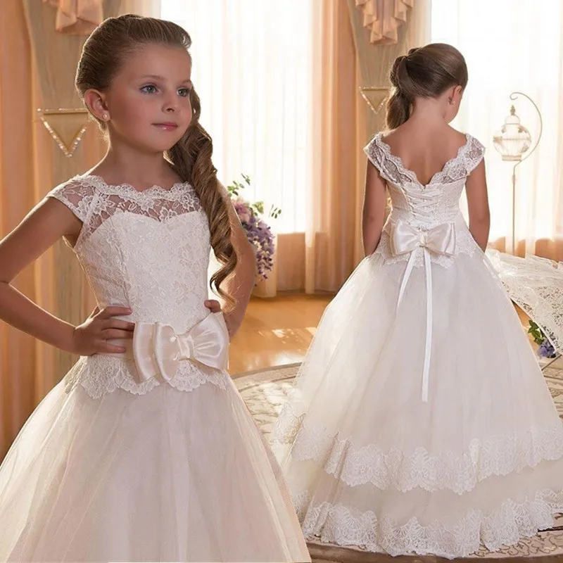 

2019 Flower Girl Dresses Hole Ball Gown White Lace Sleeveless Long Wedding Pageant First Communion Wedding Dress for Big Girls