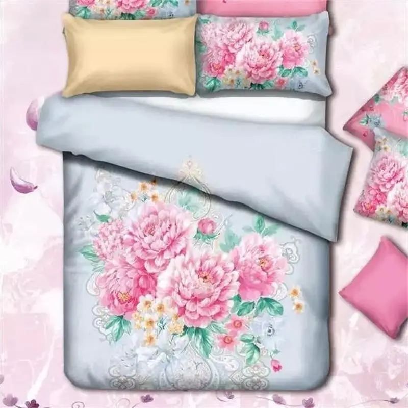 Pink Flowers Oriental Watercolor Peony Bedding Set Queen King Size Bed