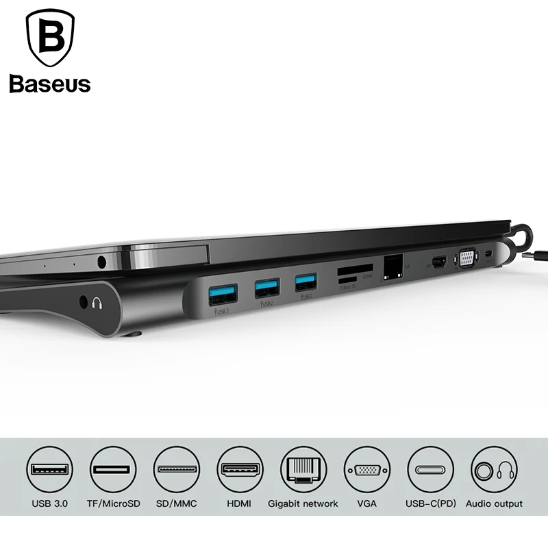 

Baseus Multi All-in-1 USB Type-C to HDMI VGA Video Audio Converter Adapter USB 3.0 HUB with SD/TF Card Reader for Macbook Pro