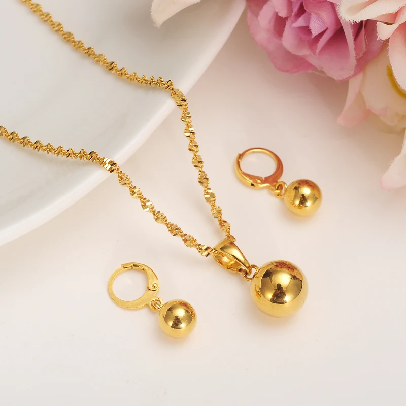 

Gold Color Bead Jewelry sets Round Pendant Chain Necklace Ball drop Earrings for Women Arab/Africa Ethiopian Jewelry girlscharms
