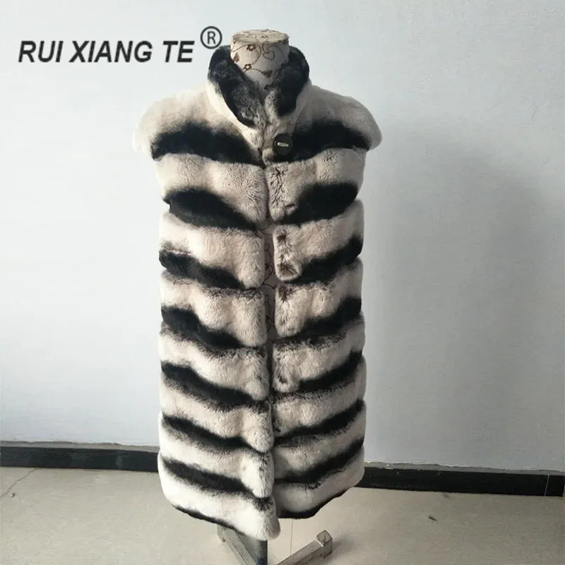 Бесплатная доставка RuiXiangTe женский натуральный мех пальто жилет длина 60 см Шиншилла жилет верхняя одежда толстый теплый плечо Рекс кролик