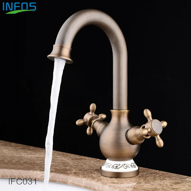 

INFOS Antique Faucet Bathroom Vintage Sink Mixer Basin Tap Single Hole Dual handles Hot and Cold Water Torneira Banheiro IFC031