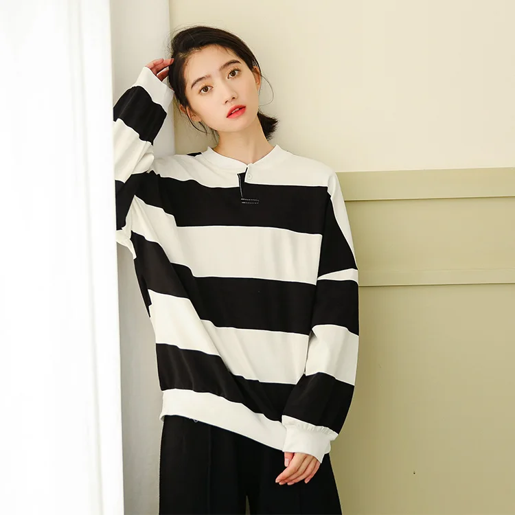 Sweatshirt Women 2018 Spring Korean Casual Oversized Black White Striped Drop Shoulder Long 