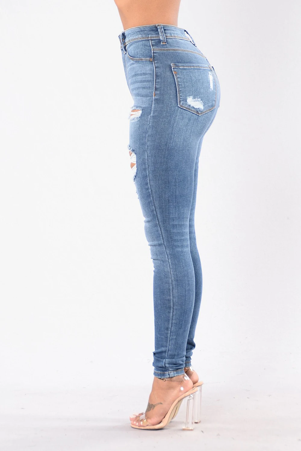 Выбеленные потертые рваные джинсы-карандаш, женские синие узкие длинные штаны со средней талией, эластичные джинсы