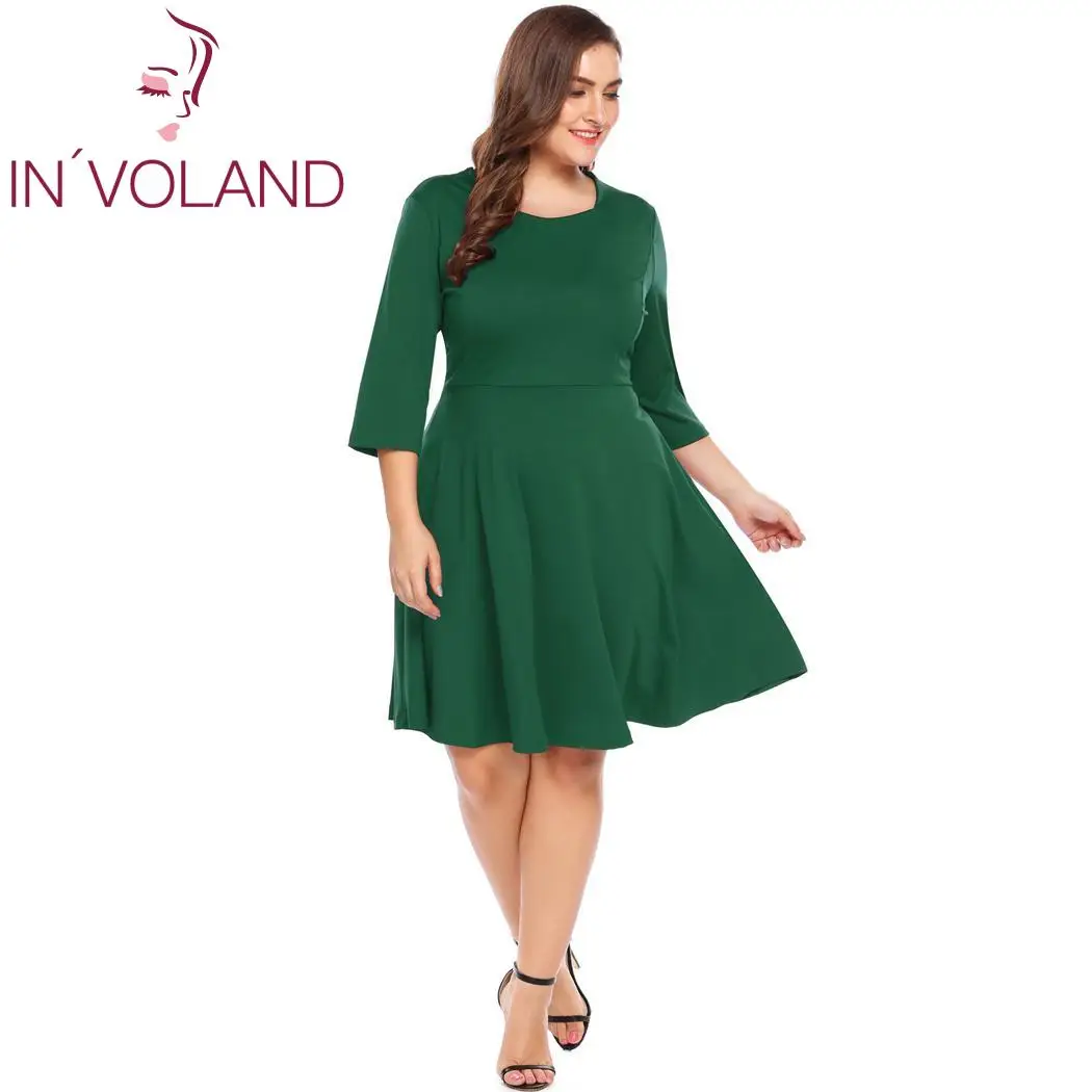 IN'VOLAND женское платье большого размера, модное элегантное однотонное платье, размер d 3/4, рукав квадратный, большой размер, v-образный вырез, свободное платье - Цвет: Mint