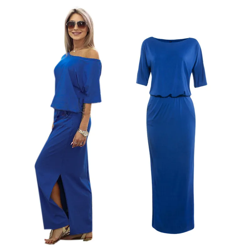 Women's Slash Neck Off Shoulder Straight Dress Bright Blue 1