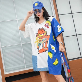 

Thai street fashion cartoon sequined print short-sleeved dress female loose lazy irregular hem hip hop dress