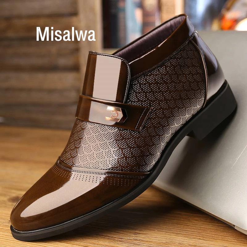 

Misalwa Men Business Boots Winter Warm Plush Formal Ankle Dress Shoes High Top Gentleman Casual Boots Slip on Drop Shipping
