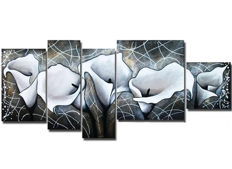 

Hand-painted Abstract White Lily Flower Oil Painting Handmade Graffiti Line Floral Paintings 5 Piece Picture Wall Canvas Art Set