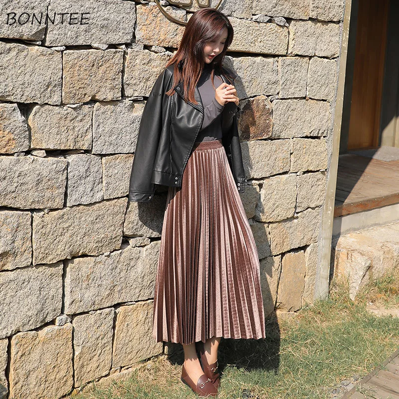 

Skirts Women 2019 Winter Large Size Thicken Warm High Elasticity Soft Loose Solid Womens Pleated Korean Leisure Ladies Skirt