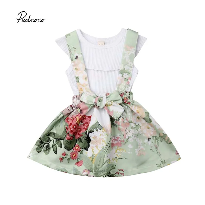 Toddler Kids Baby Girl Tops T-Shirt Flower Suspender Skirt 3PCS Outfits Clothes