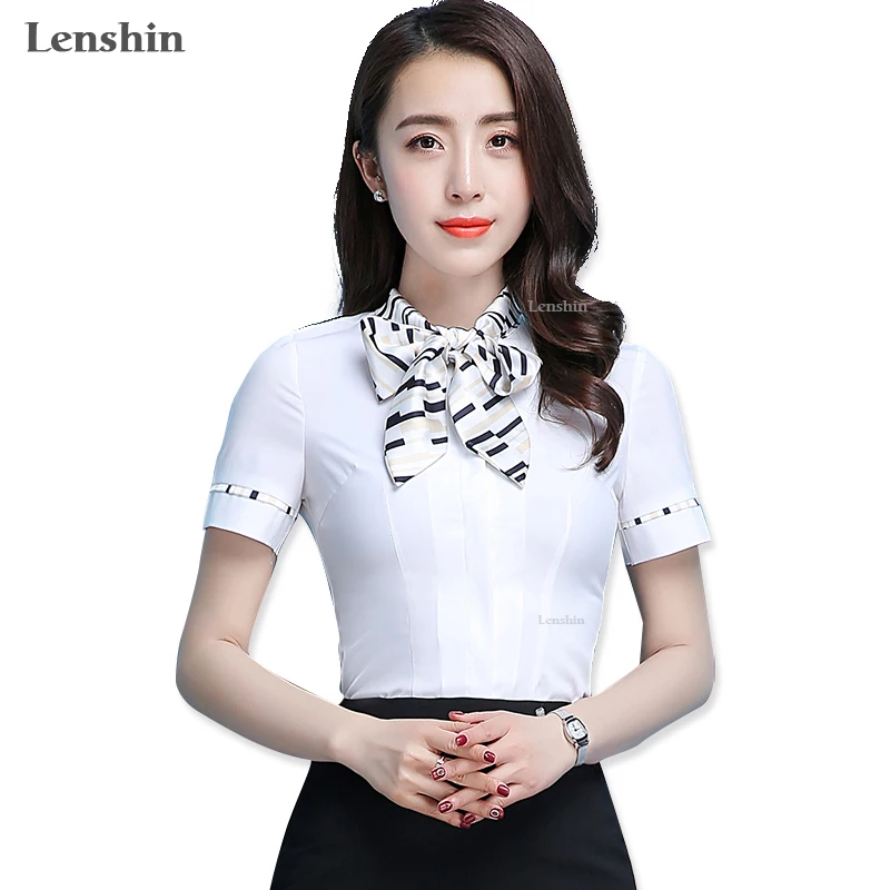 

Women Ruffle Tie Shirts Short Sleeve Blouse with Bow Blusa Tops Female Office Lady Design Elegant Work Wear