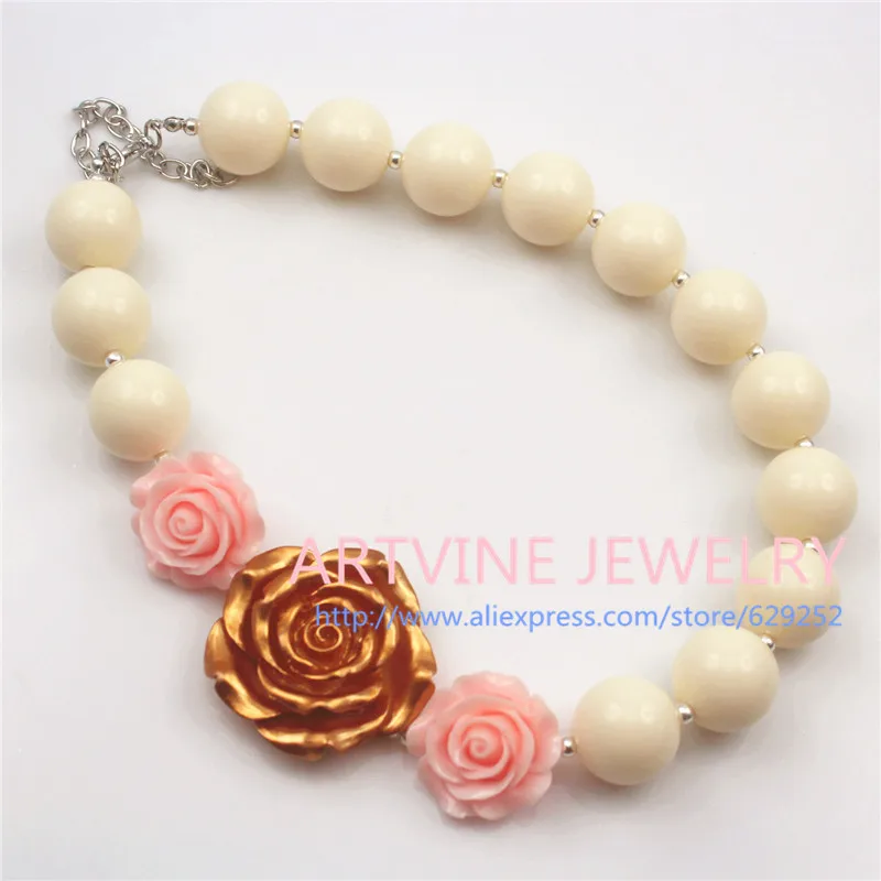 

2pcs Big beads Gold Peach ivory flower beads Chunky bubblegum necklace girl statement chunky Necklace CB658