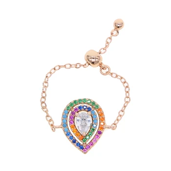 

2018 colorful cubic zirconia tear drop charm chain adjust ring fashion franch european women gift midi finger jewelry rings